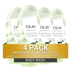 Olay Moisture Ribbons Body Wash with Shea and Notes of Jasmine Petals, 18 fl oz, (Pack of 4)(Jasmine Petals + Shea)