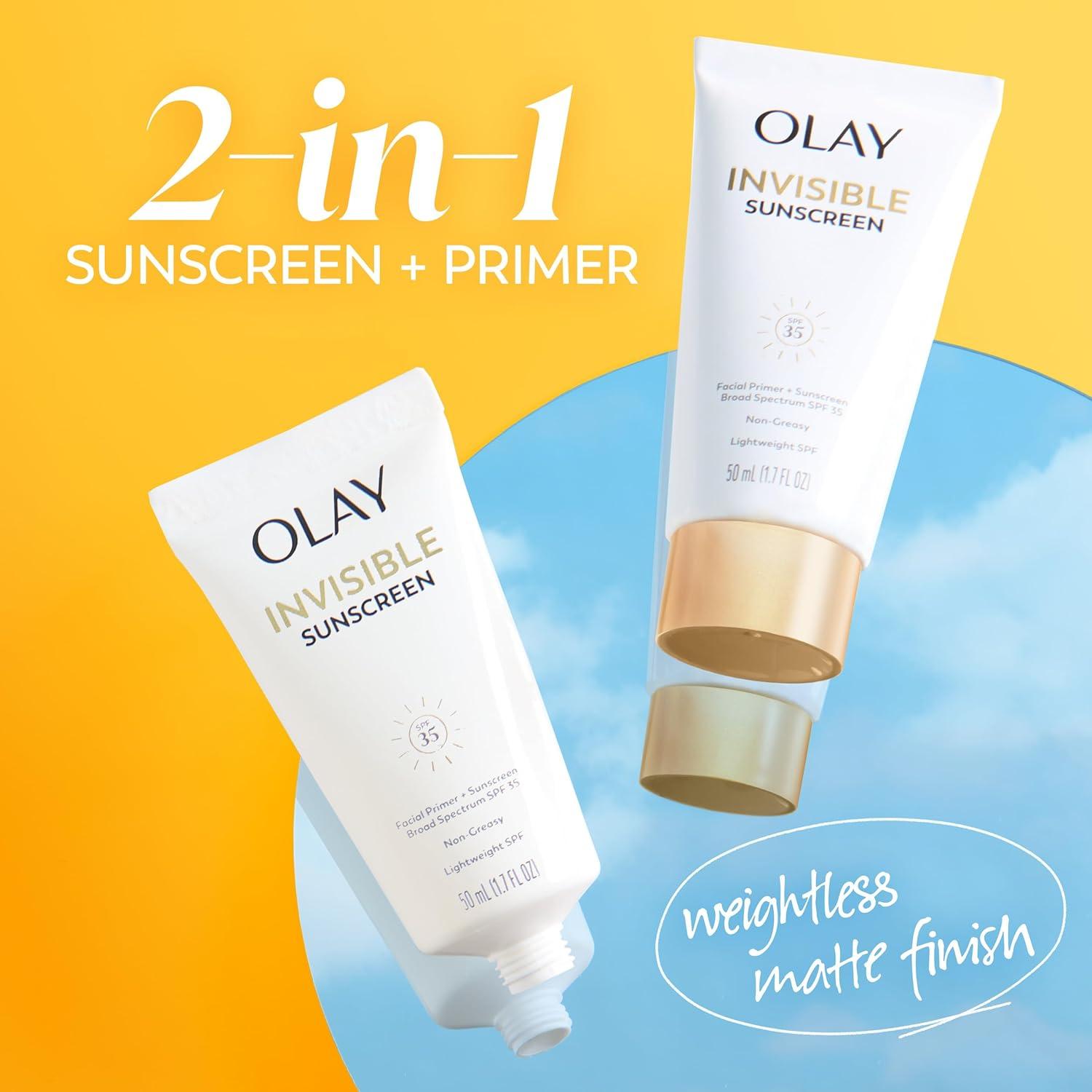 imageOlay Invisible Sunscreen SPF 35 100 Invisible Facial Sunscreen and Makeup Primer FragranceFree Weightless No White Cast Broad Spectrum Sun Protection with Vitamin C amp E Aloe Vera 17 Oz17 Ounce Pack of 1