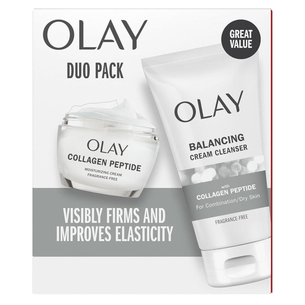 imageOlay Collagen Peptide Duo Pack Face Wash and Moisturizer Set Fragrance Free Skincare Routine Set with Balancing Cream Cleanser 5 fl oz and Moisturizing Cream 17 oz for Normal Skin