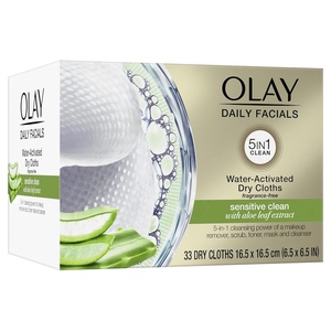 Makeup Remover Wipes by Olay Daily Facials Gentle Clean 5-in-1 Water Activated Cleansing Cloths, 33 count Packaging may Vary(Unscented)